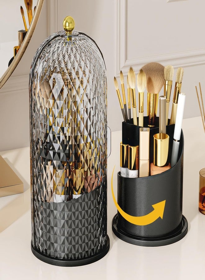 WREWING Diamond Pattern Birdcage Makeup Brush Holder with Cover, 360° Rotating Dust-Proof Organizer with Handle, Large Capacity Cosmetic & Toothbrush Storage for Vanity, Bathroom Countertop (Black) - Image 1